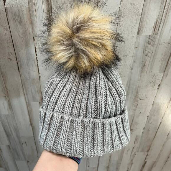 J. Crew Accessories - J. Crew Women’s Allen Pom Pom Ribbed Beanie Faux FurGray One Size Wool